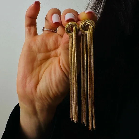 Gold Tassel Earrings Drop Dangle Knot Statement - Picture 5 of 6